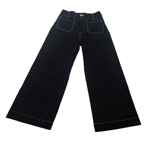 Anthropologie Maeve Colette Pants Women's 27 Black Crop Wide Leg Contrast Stitch - Picture 1 of 11